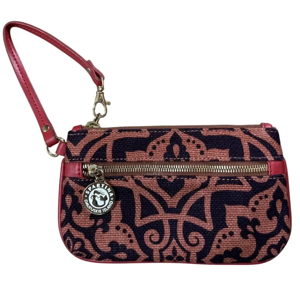 Spartina 449 Purple Orange Linen Leather Zip Wristlet Mermaid Charm Pouch